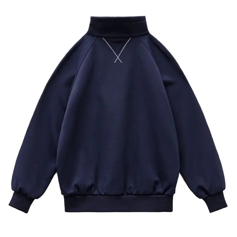 Maden Women’s Vintage Navy Half-zip Sweatshirt Stand Collar Pullover Long Sleeve Preppy Style Cotton Retro Casual Tops Fall