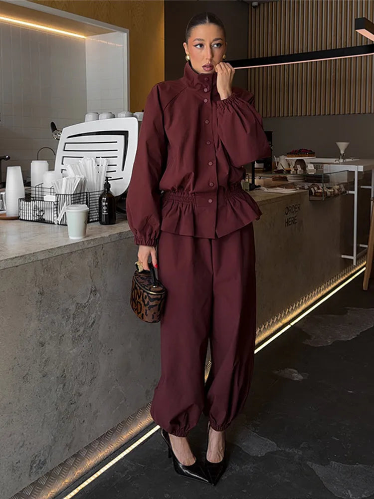 Women's Trousers 2 Pcs Sets Stand Collar Long Sleeve Single Breasted Pleated Ruffles Coats Lantern Pants Autumn Lady New Outfits