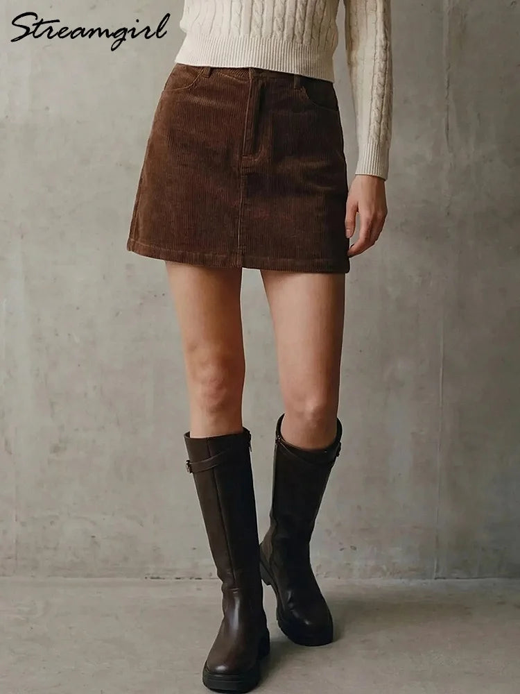 Autumn Corduroy Mini Skirt Burgundy For Women Brown Vintage A Line Short Skirts With Shorts Inside For Women Skirt Corduroy Fall