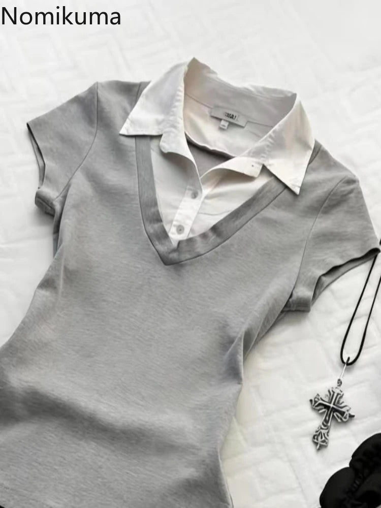 Women's Clothing 2026 Summer T Shirts Fashion Simple Tees Casual Fake Two Tshirts Short Sleeve Patchwork Tunic T-shirt Tops