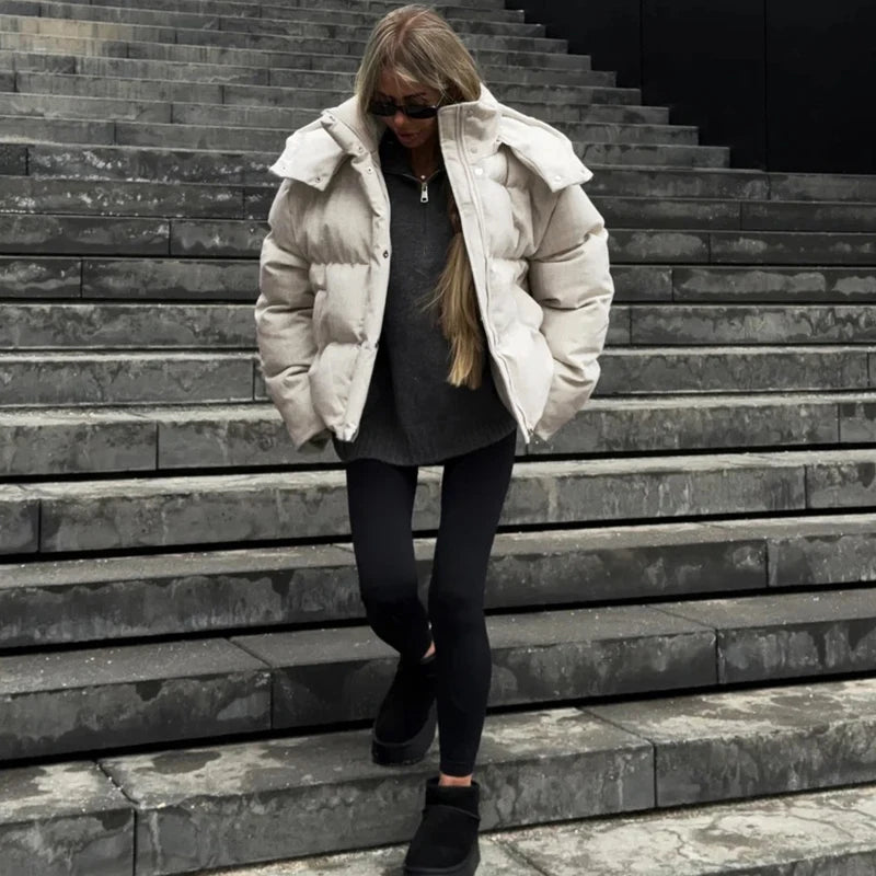 Fashion Women's Winter Jacket Casual Solid Hooded Full Sleeve Zip-up Loose Padded Coats New Street Chic Warm Outwear 2026