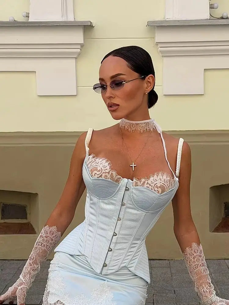 Women Lace Patchwork Corset Bodycon Mini Dress Set Sexy Patchwork Ruched Slim Fit Robes Elegant Nightclub Party Gowns 2026 New