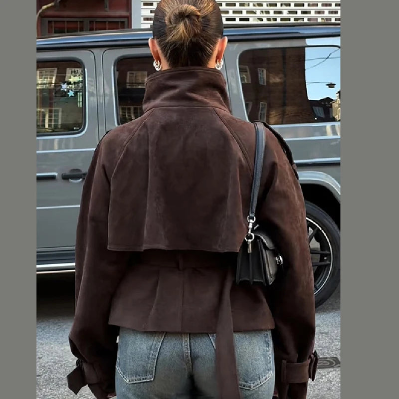 Women Vintage Cropped Coat Stand Collar Waist Slim Belt Double-breasted Jacket 2026 Autumn Winter Commute Office Party Outerwear