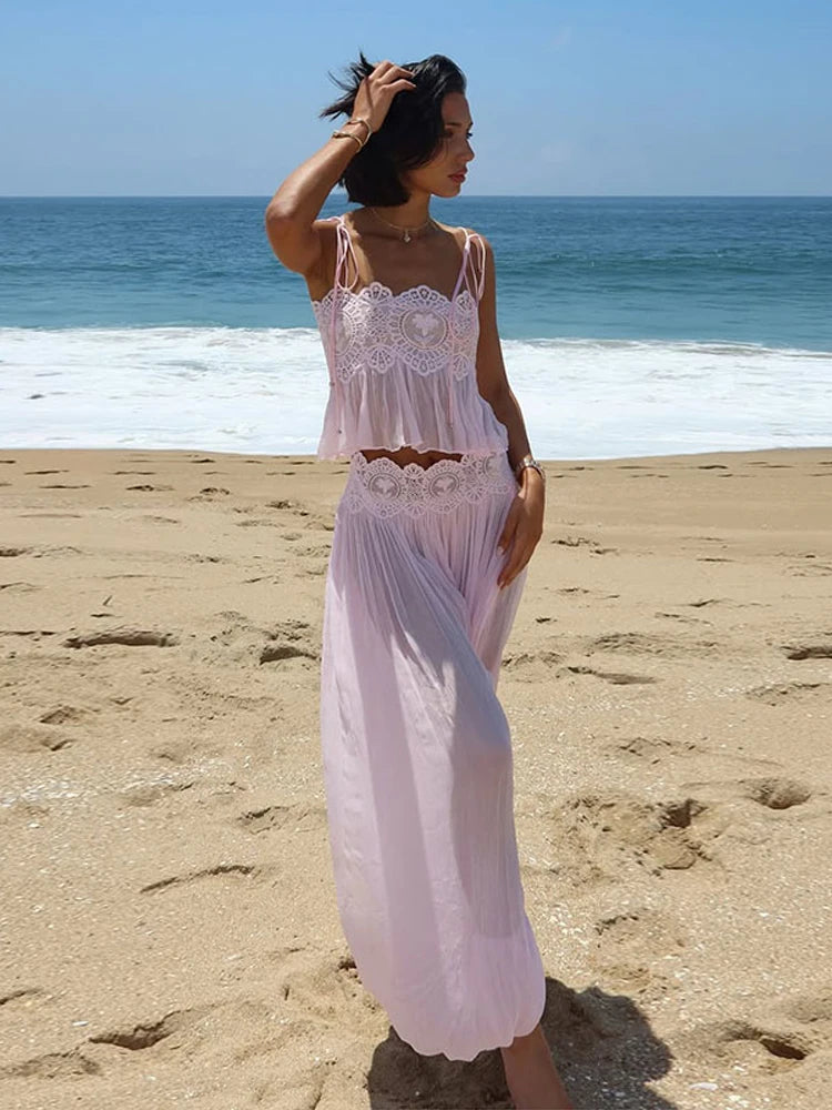 Beach Lace Hollow Out Women's Summer Pants Sets Lace Up Backless Spaghetti Strap Crop Top Loose Pleated Lantern Pant 2026 Suit