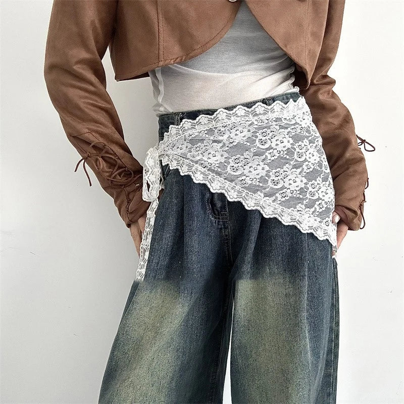 2026 HOT SALE! Y2K Women Lace Tulle Bandage Skirt Stacked Lace Half Skirt Layering Small Butt Curtain Flower Triangle Hair Scarf