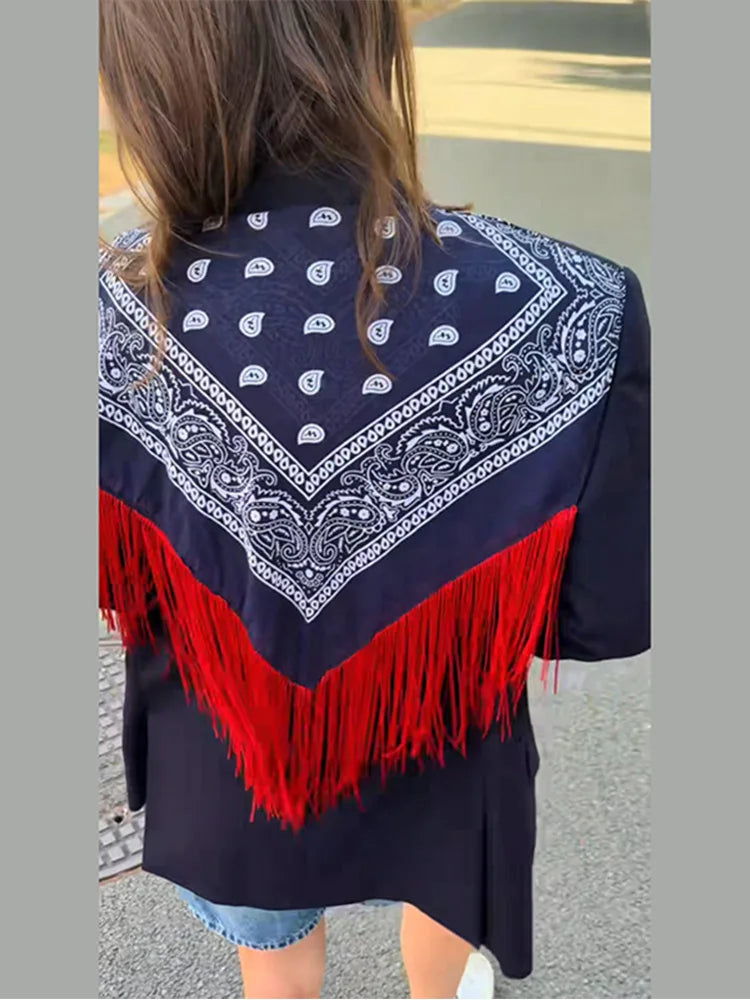 Fashion Women's Printed Tassels Blazer Loose Lapel Single Breasted Full Sleeve Female Suit Jackets 2026 Autumn Commute Outwear