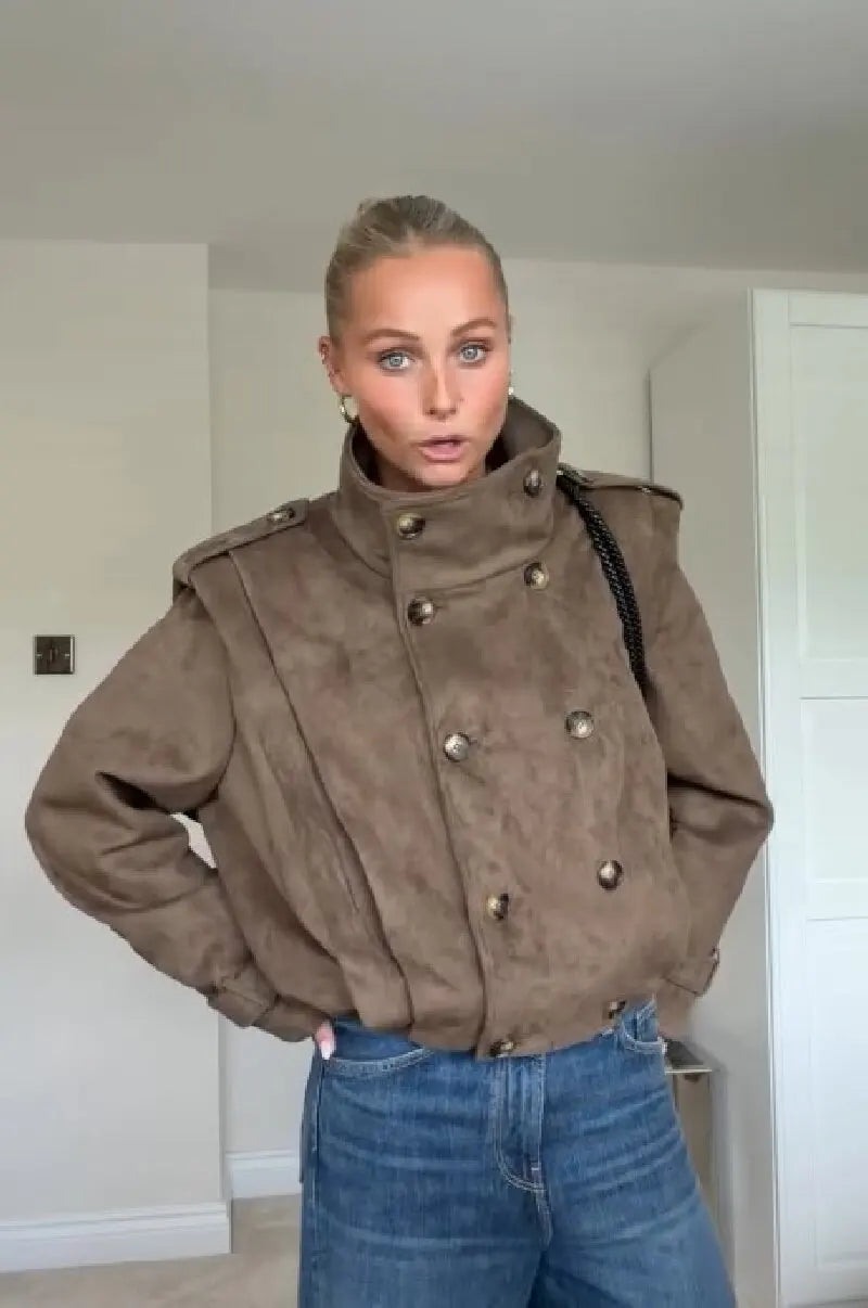 Trendy Stand Collar Cropped Jacket Fashion Double Breasted Long Sleeve Chic Commute Coat 2026 Autumn New Daily Casual Streetwear