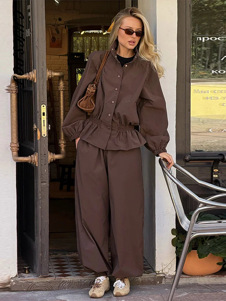 Women's Trousers 2 Pcs Sets Stand Collar Long Sleeve Single Breasted Pleated Ruffles Coats Lantern Pants Autumn Lady New Outfits