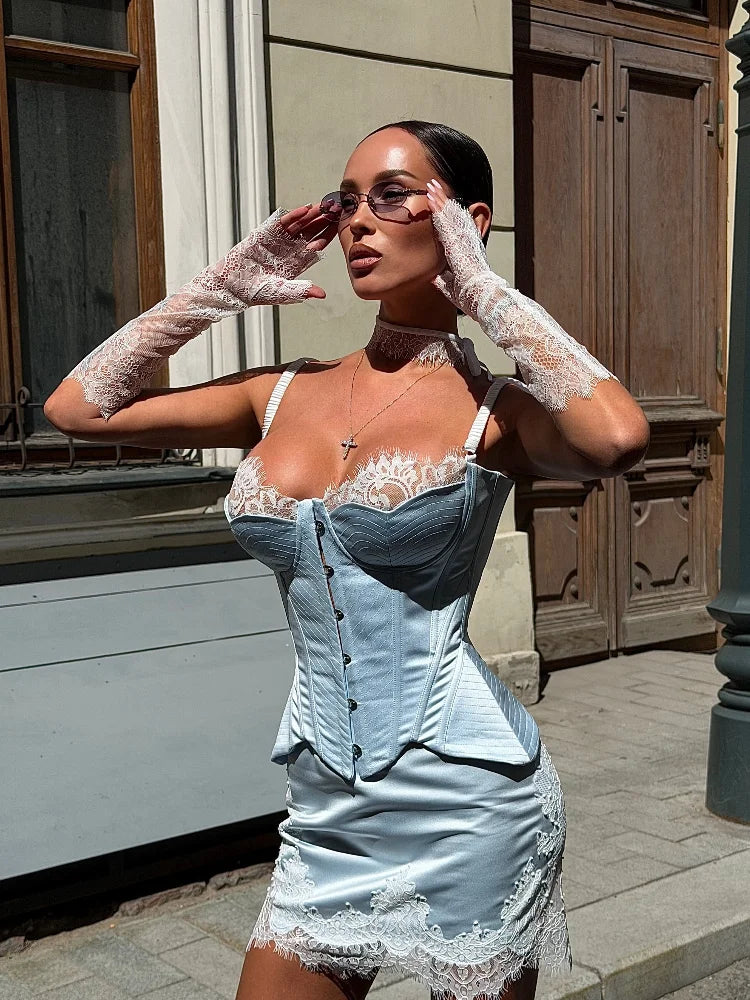 Women Lace Patchwork Corset Bodycon Mini Dress Set Sexy Patchwork Ruched Slim Fit Robes Elegant Nightclub Party Gowns 2026 New