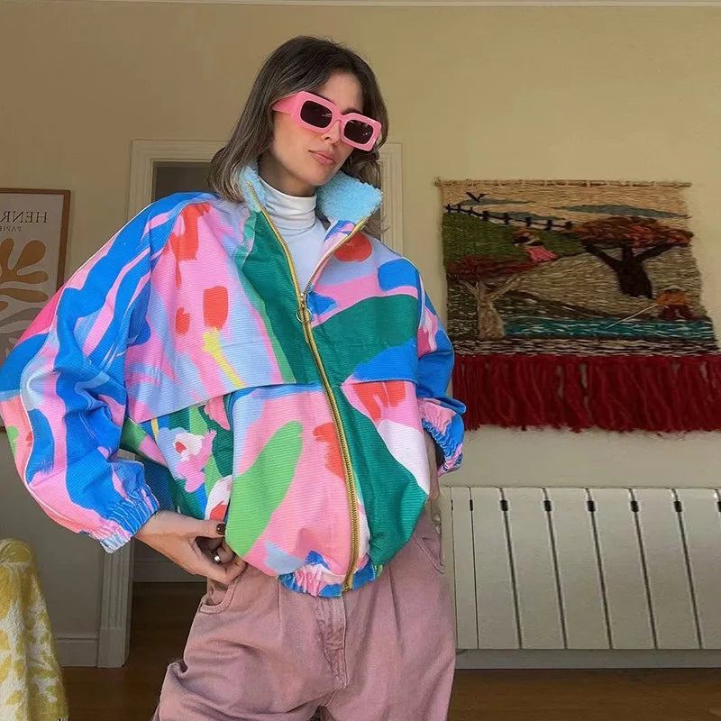 Rainbow Print Corduroy Fleece Collar Er Jacket Oversized Zip Up 2026 Autumn Women Outerwear Vibrant Casual Lady Chaqueta
