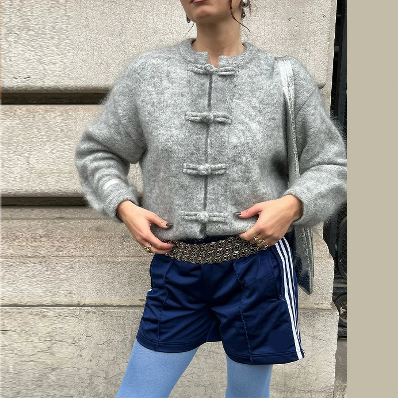 Vintage Knit Jacquard Women's Cardigans Loose Stand Collar Double Zippers Full Sleeve Sweater 2026 Autumn Lady Chic Knitwear