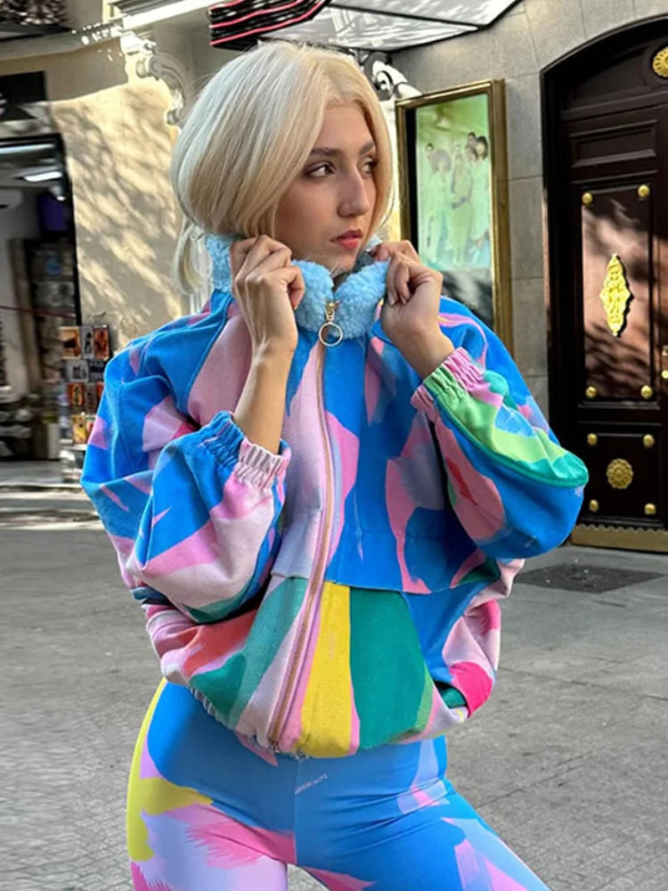 Rainbow Print Corduroy Fleece Collar Er Jacket Oversized Zip Up 2026 Autumn Women Outerwear Vibrant Casual Lady Chaqueta