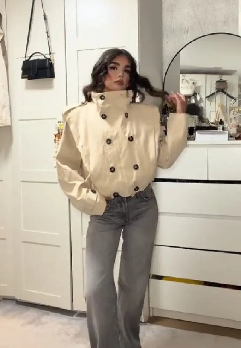 Trendy Stand Collar Cropped Jacket Fashion Double Breasted Long Sleeve Chic Commute Coat 2026 Autumn New Daily Casual Streetwear