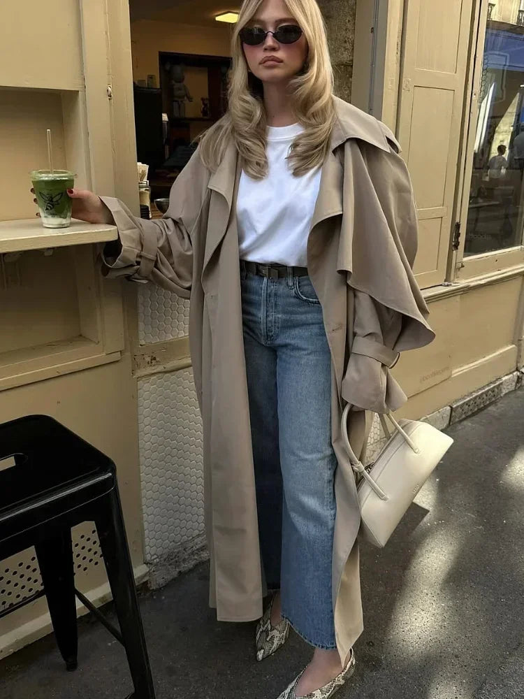 Khaki Lace Up Cape Trench Coat Loose Solid Full Sleeve Lapel Windbreaker 2026 Autumn New Fashion Commute Casual Daily Coats