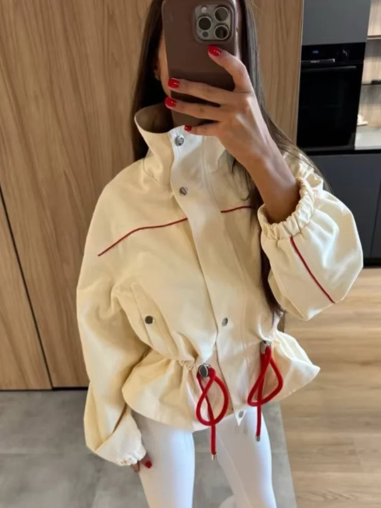 Women's Fashion Drawstring Short Jacket Lapel Long Sleeve Single-Breasted Slim Coat 2026 Spring Fall Daily Street Outfit New