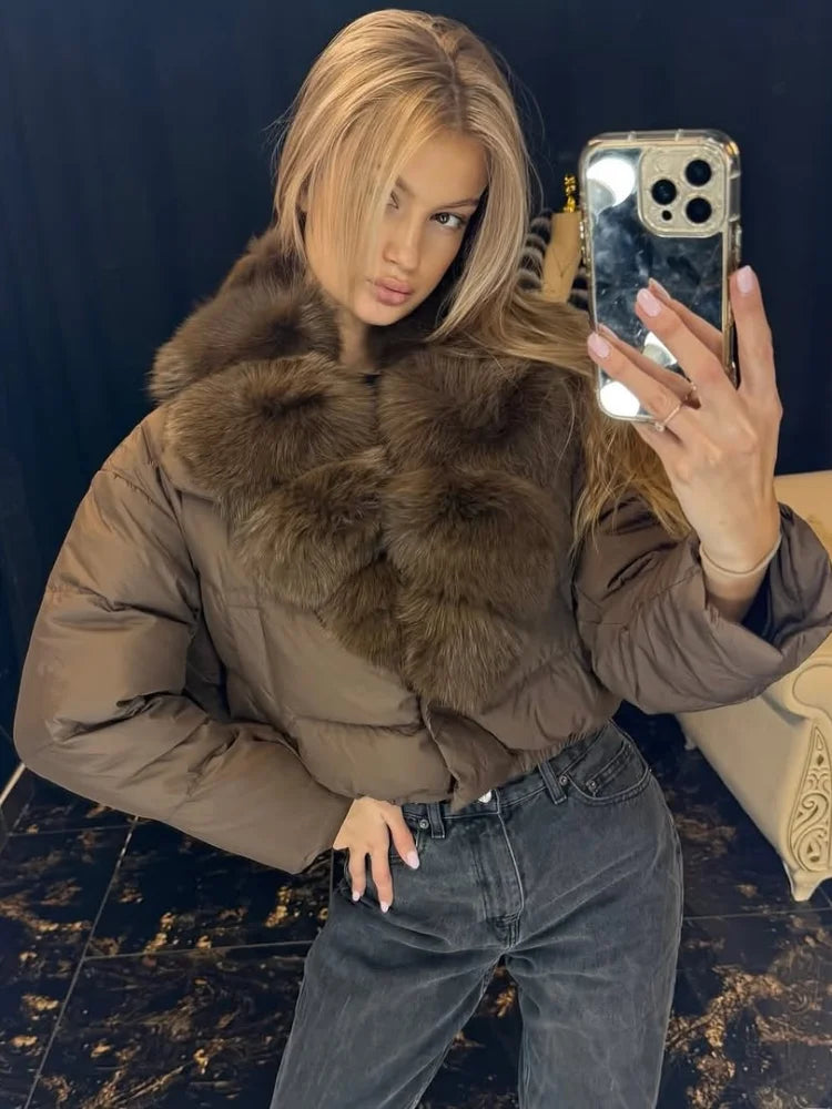 Women Cropped Puffer Jacket Long Sleeve Big Faux Fur Collar Snap Button Warm Winter Outerwear Fashion Casual Party Short Coat
