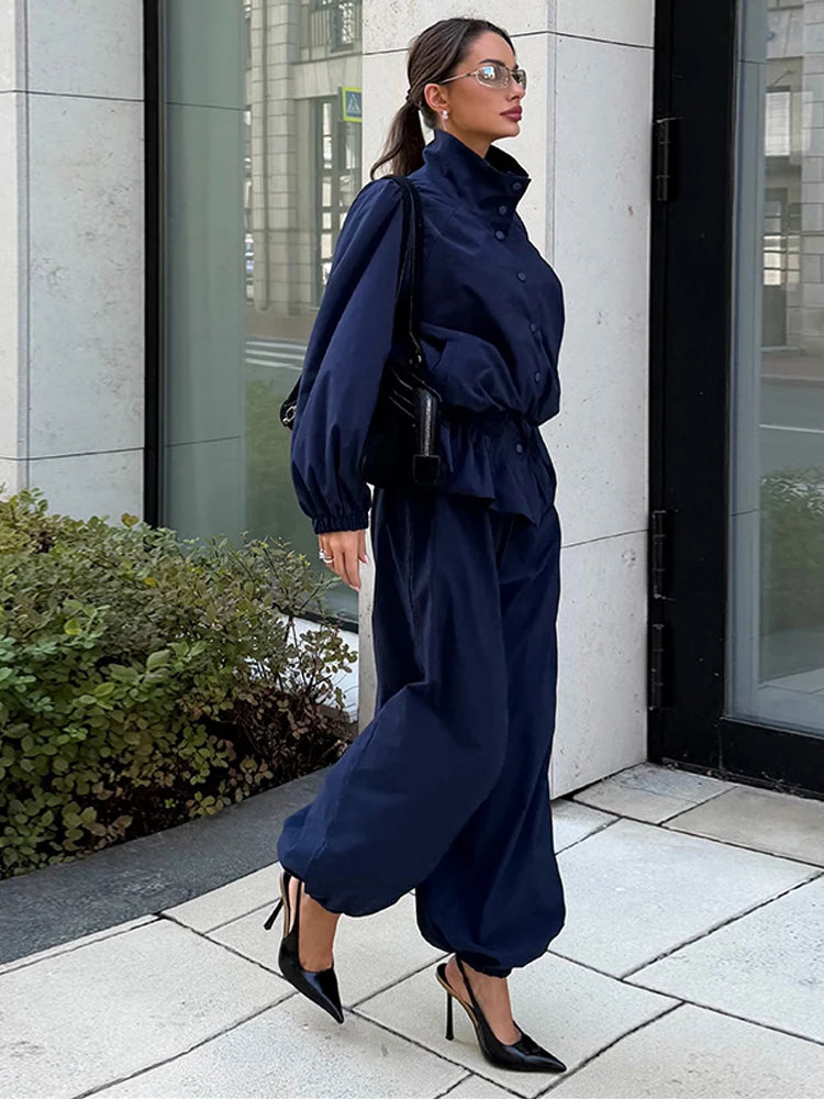 Women's Trousers 2 Pcs Sets Stand Collar Long Sleeve Single Breasted Pleated Ruffles Coats Lantern Pants Autumn Lady New Outfits