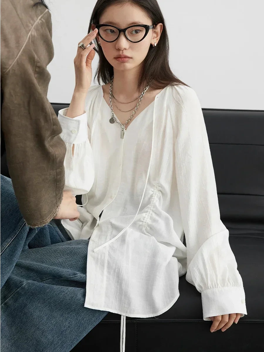 CHIC VEN Women Loose Lace Up Shirt Solid New Korean V-neck Pleated Raglan Long Sleeved Blouses Female Tops Spring Summer 2026