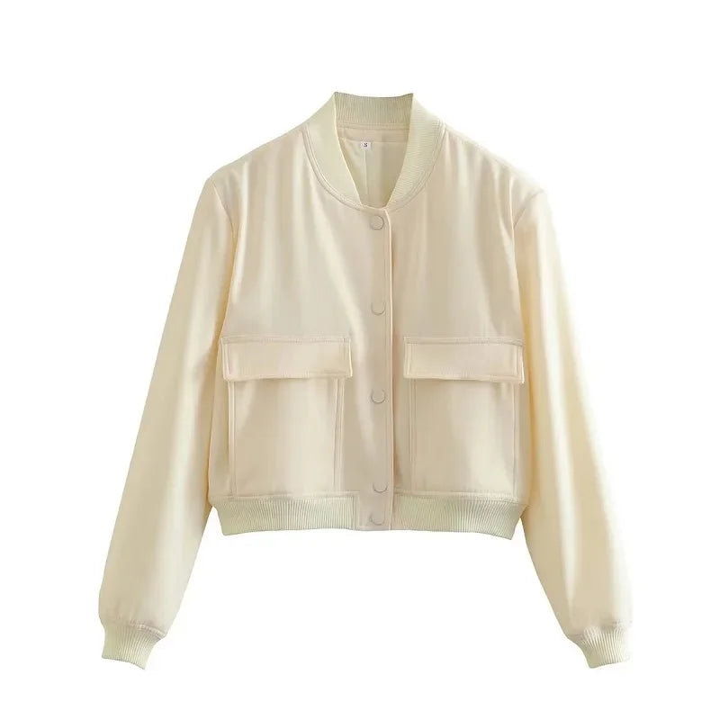 HXAO Woman Bomber Jacket Coat White Autumn Winter Button Baseball Aviator Cropped Jackets for Women Long Sleeve Crop Outerwear