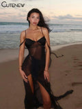 Cutenew Mesh See Through Maxi Dresses Women Solid Sexy Ribbons Suspendency Side Splited Attractive Vestidos Female Holiday Robe