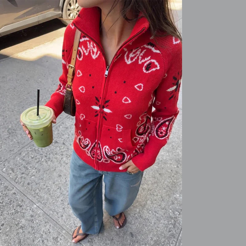 Fashion Knit Jacquard Cardigan Women Gray Stand Collar Zipper Full Sleeve Sweater 2026 Autumn Winter Lady Casual Street Knitwear