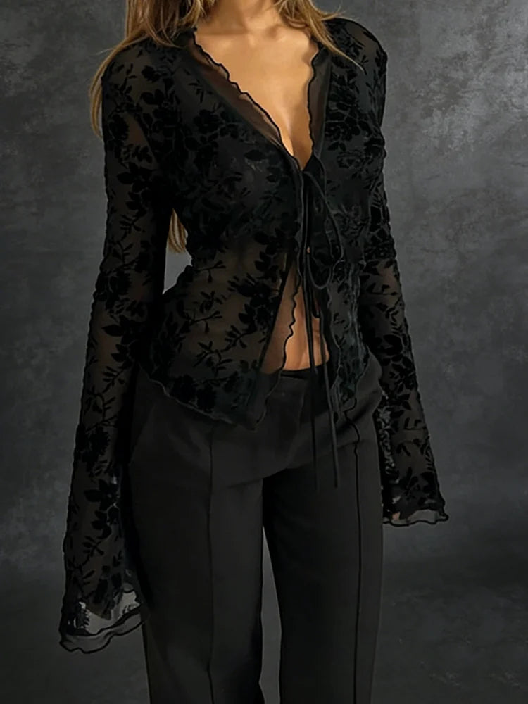 Women's Slim Fit Chiffon Ruffle Trumpet Sleeve Shirt Autumn Fashionable Elegant Top for Business Casual Wear