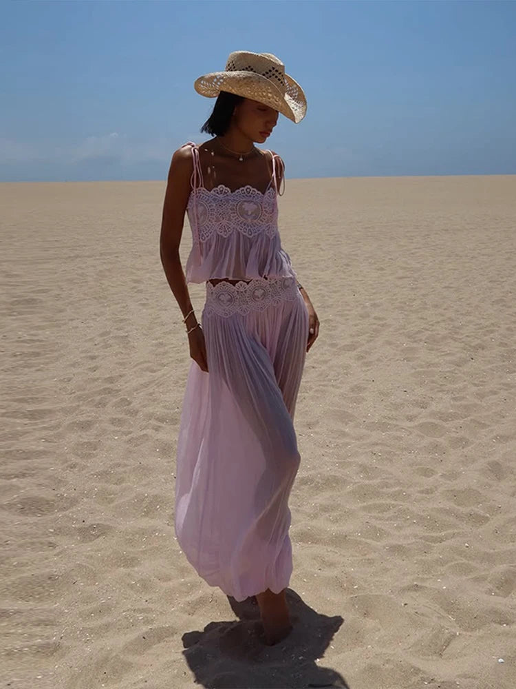 Beach Lace Hollow Out Women's Summer Pants Sets Lace Up Backless Spaghetti Strap Crop Top Loose Pleated Lantern Pant 2026 Suit