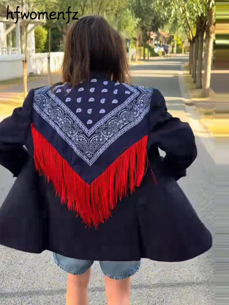 Fashion Women's Printed Tassels Blazer Loose Lapel Single Breasted Full Sleeve Female Suit Jackets 2026 Autumn Commute Outwear