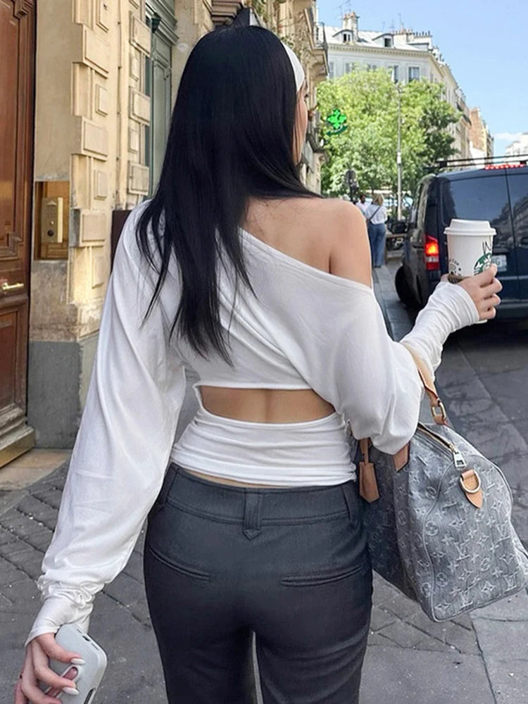 Women's Solid Inclined Shoulder Batwing Long Sleeve T-shirt Backless Slim Fit Casual Streetwear Top for Autumn Fashion Sexy
