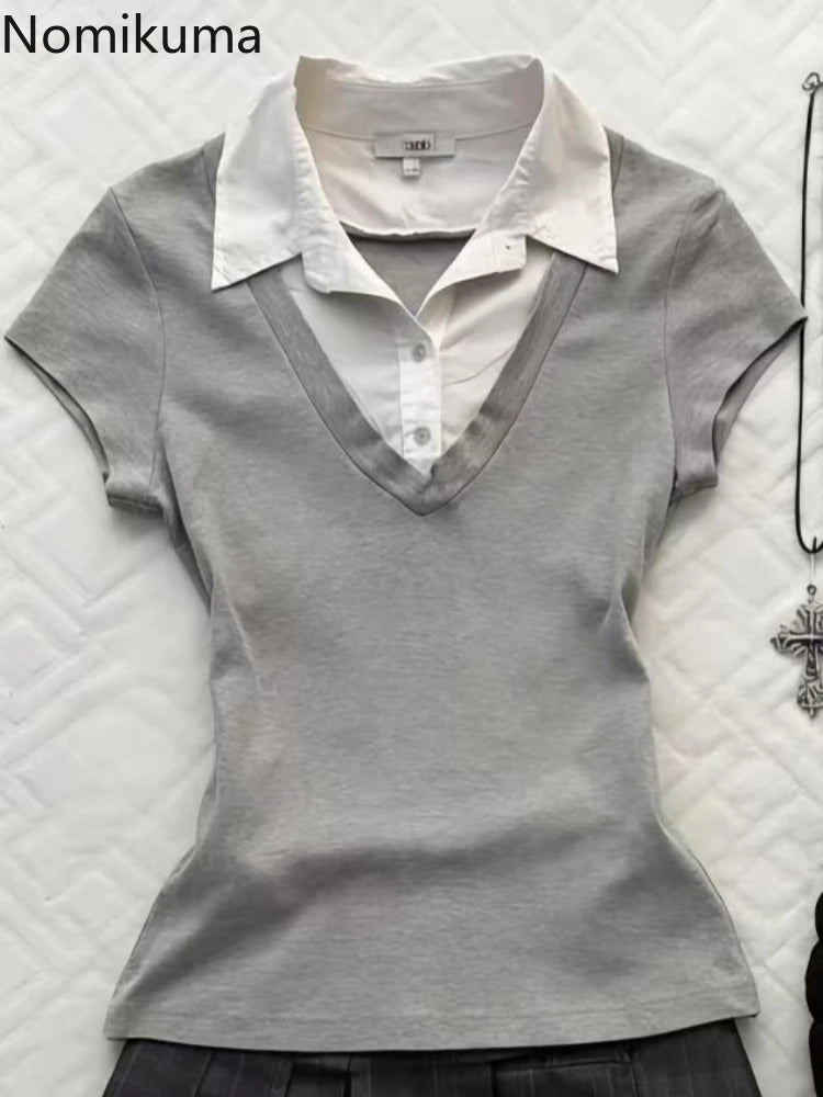 Women's Clothing 2026 Summer T Shirts Fashion Simple Tees Casual Fake Two Tshirts Short Sleeve Patchwork Tunic T-shirt Tops