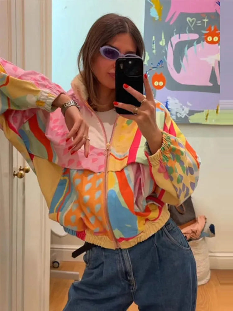 Rainbow Print Corduroy Fleece Collar Er Jacket Oversized Zip Up 2026 Autumn Women Outerwear Vibrant Casual Lady Chaqueta
