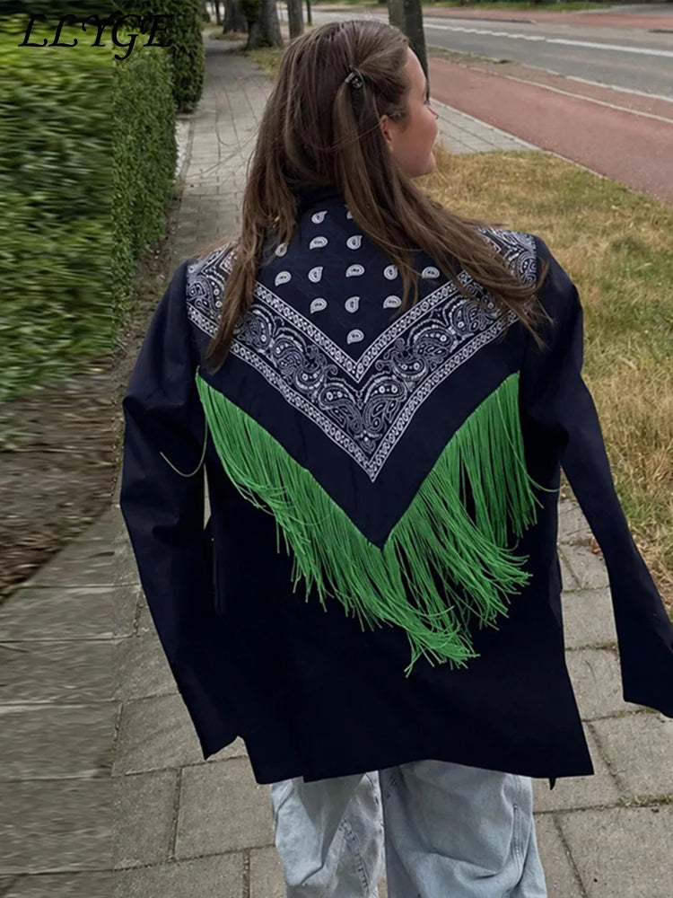 Fashion Women's Printed Tassels Blazer Loose Lapel Single Breasted Full Sleeve Female Suit Jackets 2026 Autumn Commute Outwear