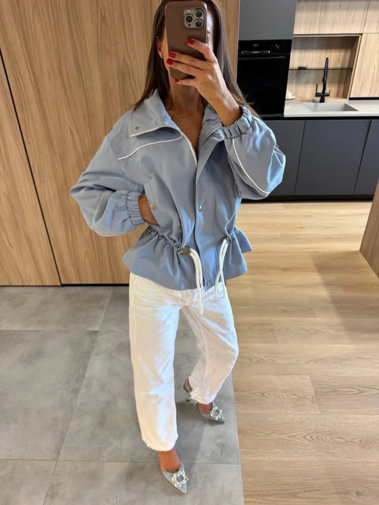 Women's Fashion Drawstring Short Jacket Lapel Long Sleeve Single-Breasted Slim Coat 2026 Spring Fall Daily Street Outfit New