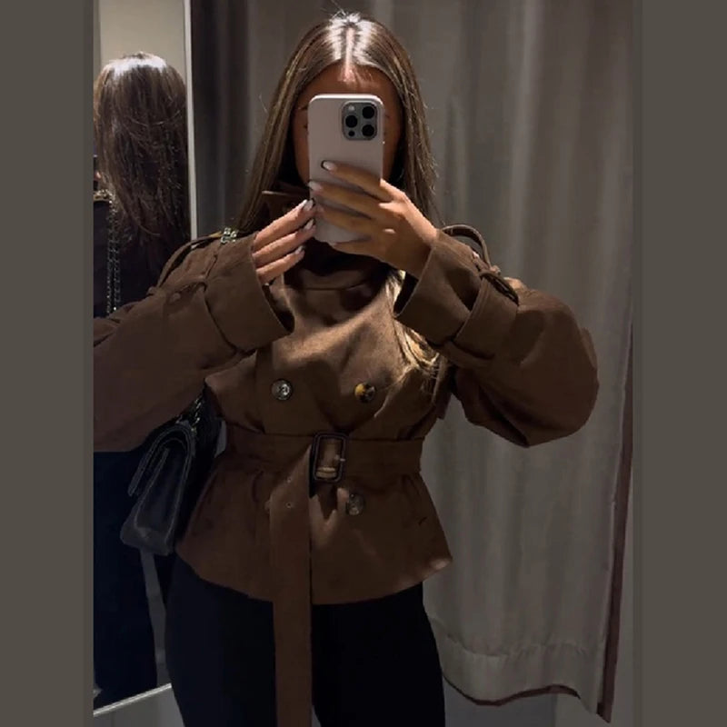 Women Vintage Cropped Coat Stand Collar Waist Slim Belt Double-breasted Jacket 2026 Autumn Winter Commute Office Party Outerwear