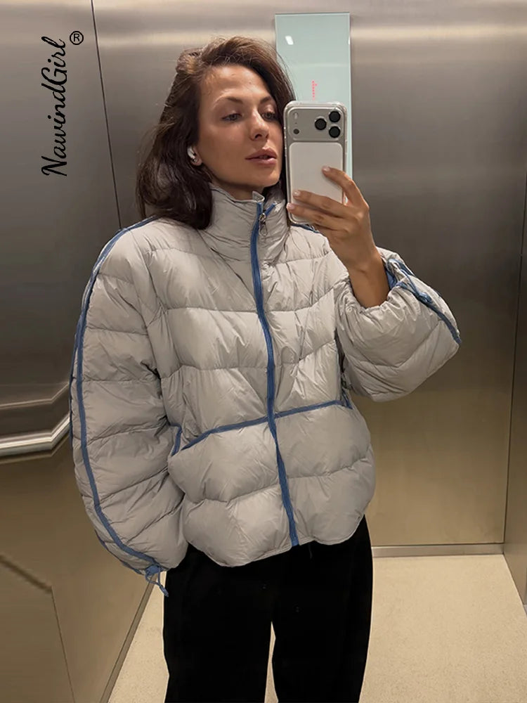Casual Contrasted Color Women's Cotton Coats Zippers Stand Collar Loose Lady Thicken Jackets 2026 Autumn Winter Female Tops New