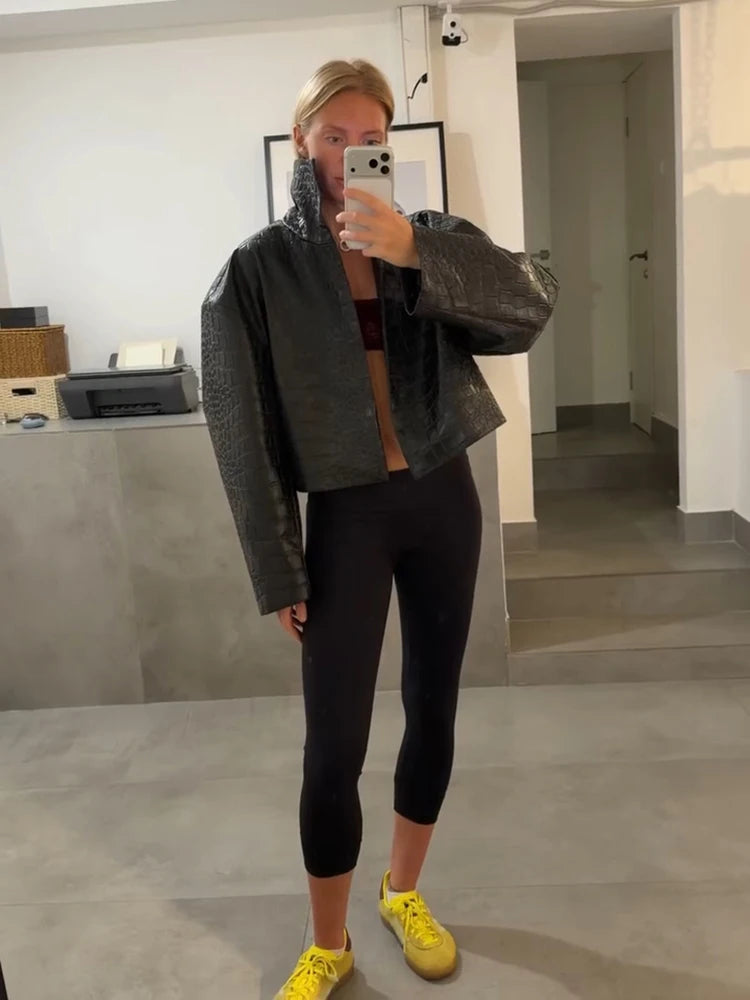 Street Grain Leather Jackets Women High Neck Long Sleeves Loose Pu Coats Female 2026 Autumn New Chic Fashion Solid Chic Outwears