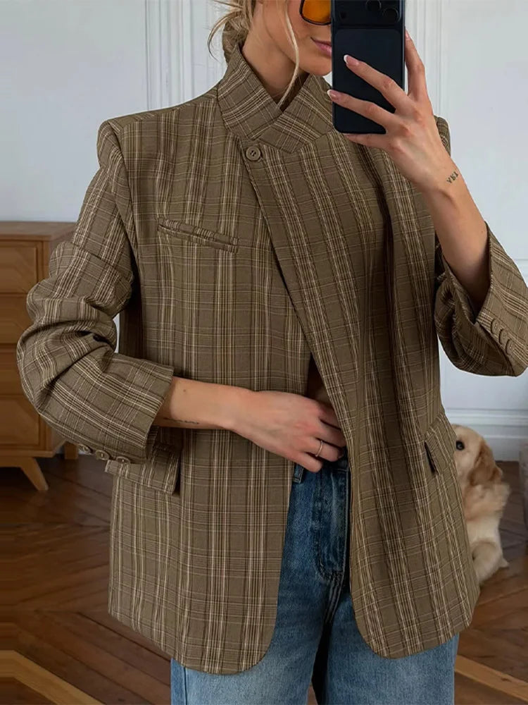 Fashion Women's Blazer Stand Collar Full Sleeve Single Button Female Plaid Blazers 2026 Autumn New Chic Casual Commute Lady Coat