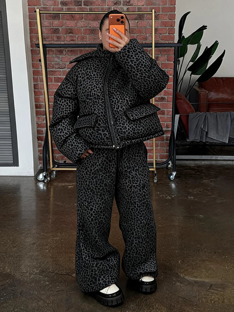 Women Winter Two‑Piece  Leopard Print Hooded Puffer Jacket Outfit Loose Cuffed Jogger Pants Warm Casual Streetwear Matching Set