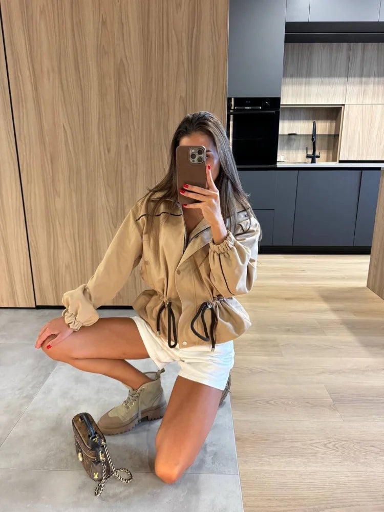 Women's Fashion Drawstring Short Jacket Lapel Long Sleeve Single-Breasted Slim Coat 2026 Spring Fall Daily Street Outfit New