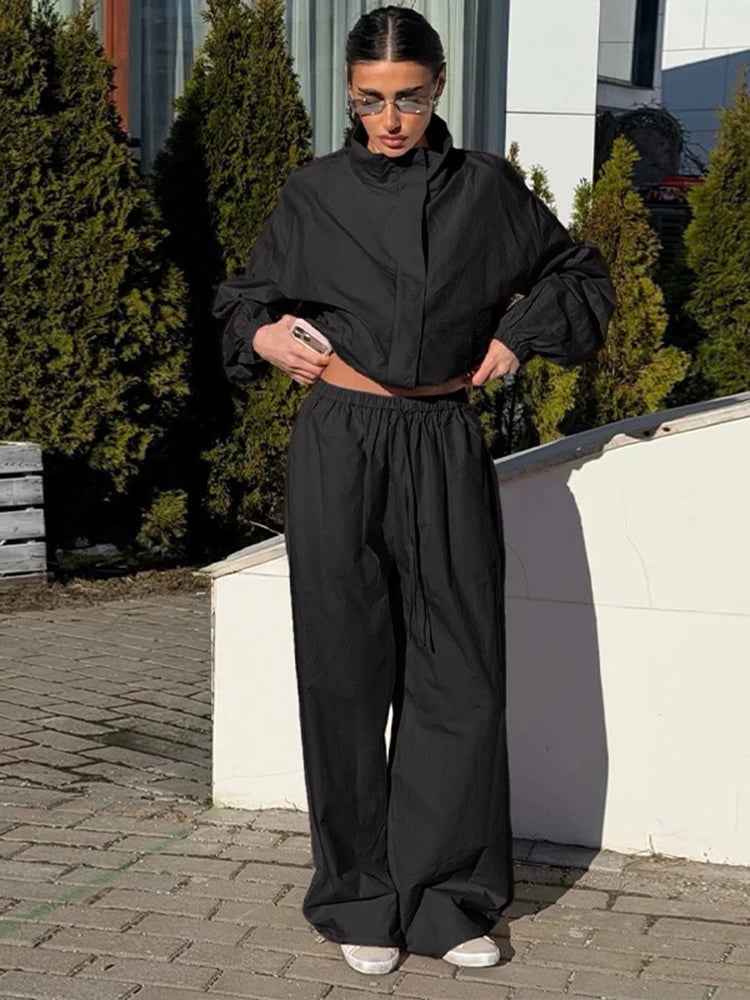 Women's Trousers 2 Pcs Sets Stand Collar Long Sleeve Single Breasted Pleated Ruffles Coats Lantern Pants Autumn Lady New Outfits