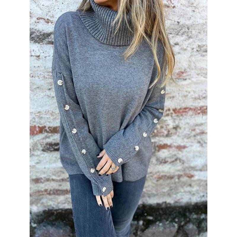 Winter Fall High Neck Knitted Sweate Women Solid Color Warm Casual Long Sleeves Pullover Top