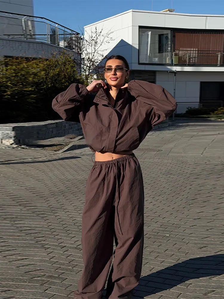 Women's Trousers 2 Pcs Sets Stand Collar Long Sleeve Single Breasted Pleated Ruffles Coats Lantern Pants Autumn Lady New Outfits