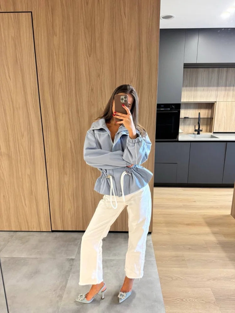 Women's Fashion Drawstring Short Jacket Lapel Long Sleeve Single-Breasted Slim Coat 2026 Spring Fall Daily Street Outfit New