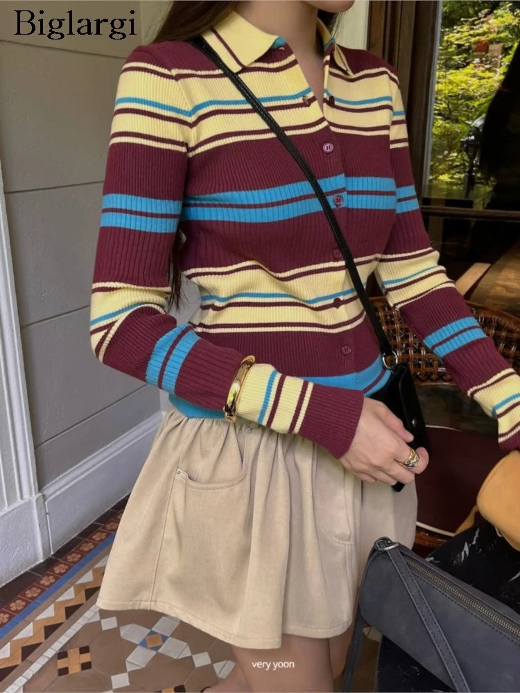 Knitted Autumn Striped Cardigan Pullover Sweater Women Long SLeeve Fashion Casual Ladies Sweaters Korean Style Woman Cardigans