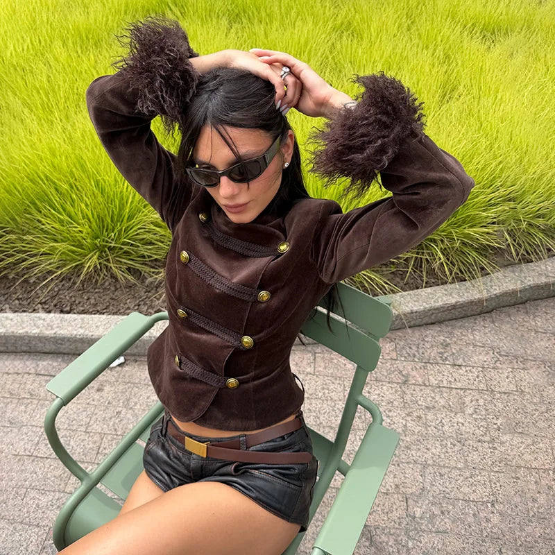 Vintage Women's Feather Patchwork Suede Short Jacket  Stand Collar Long Sleeve Double Breasted Coat 2026 Autumn Lady Jackets
