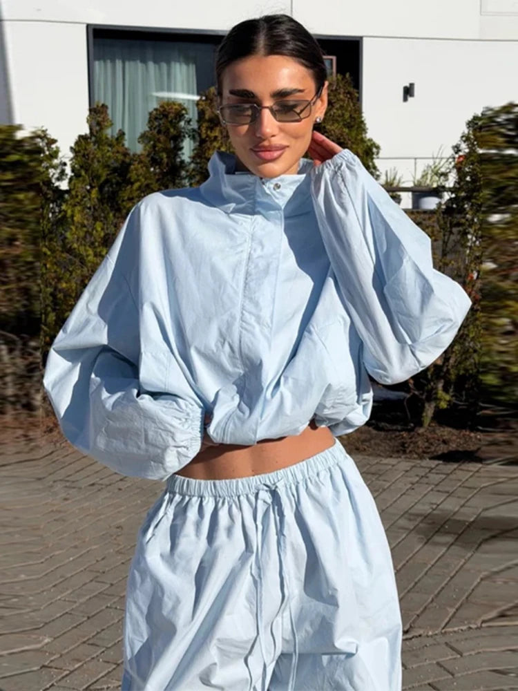 Women's Trousers 2 Pcs Sets Stand Collar Long Sleeve Single Breasted Pleated Ruffles Coats Lantern Pants Autumn Lady New Outfits