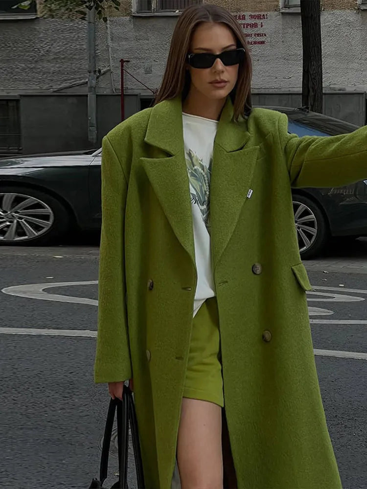 Chic Women's Woolen Overcoat Autumn Winter Solid Lapel Double Breasted Long Sleeve Long Coat 2026 Elegant Lady Street Outwear