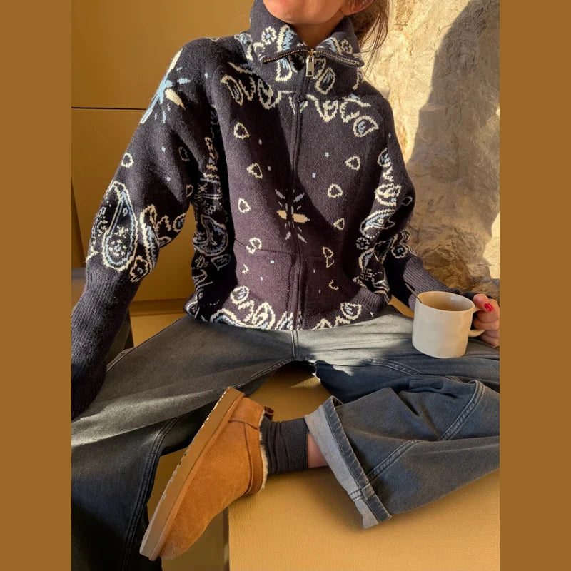Fashion Knit Jacquard Cardigan Women Gray Stand Collar Zipper Full Sleeve Sweater 2026 Autumn Winter Lady Casual Street Knitwear