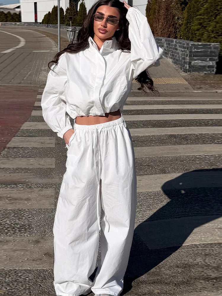 Women's Trousers 2 Pcs Sets Stand Collar Long Sleeve Single Breasted Pleated Ruffles Coats Lantern Pants Autumn Lady New Outfits