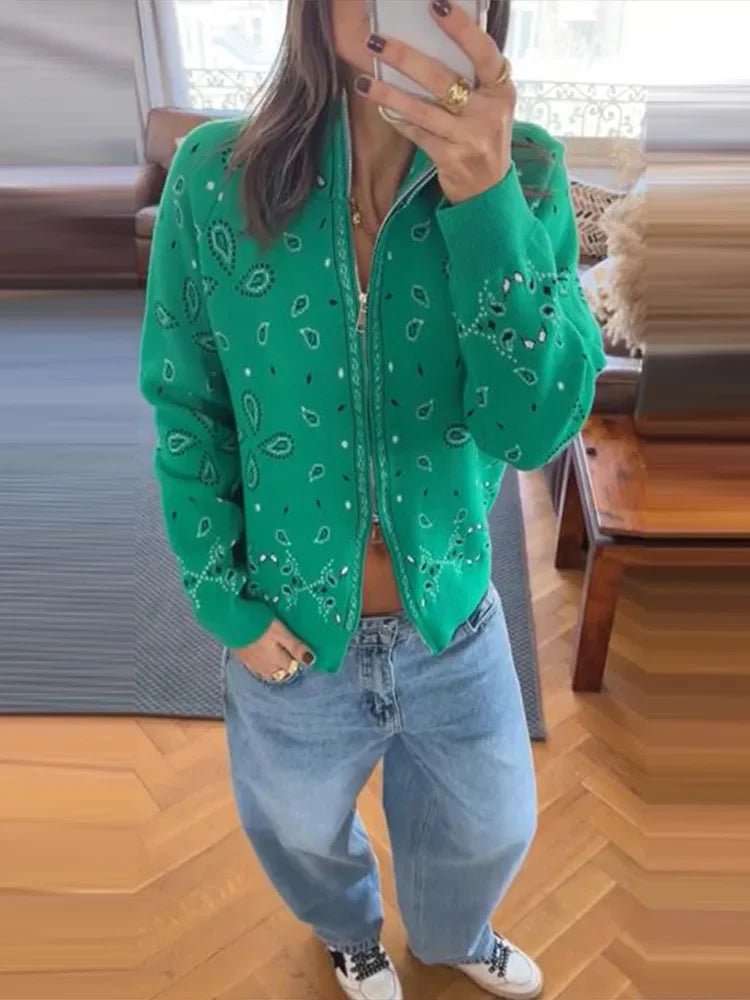 Vintage Knit Jacquard Women's Cardigans Loose Stand Collar Double Zippers Full Sleeve Sweater 2026 Autumn Lady Chic Knitwear